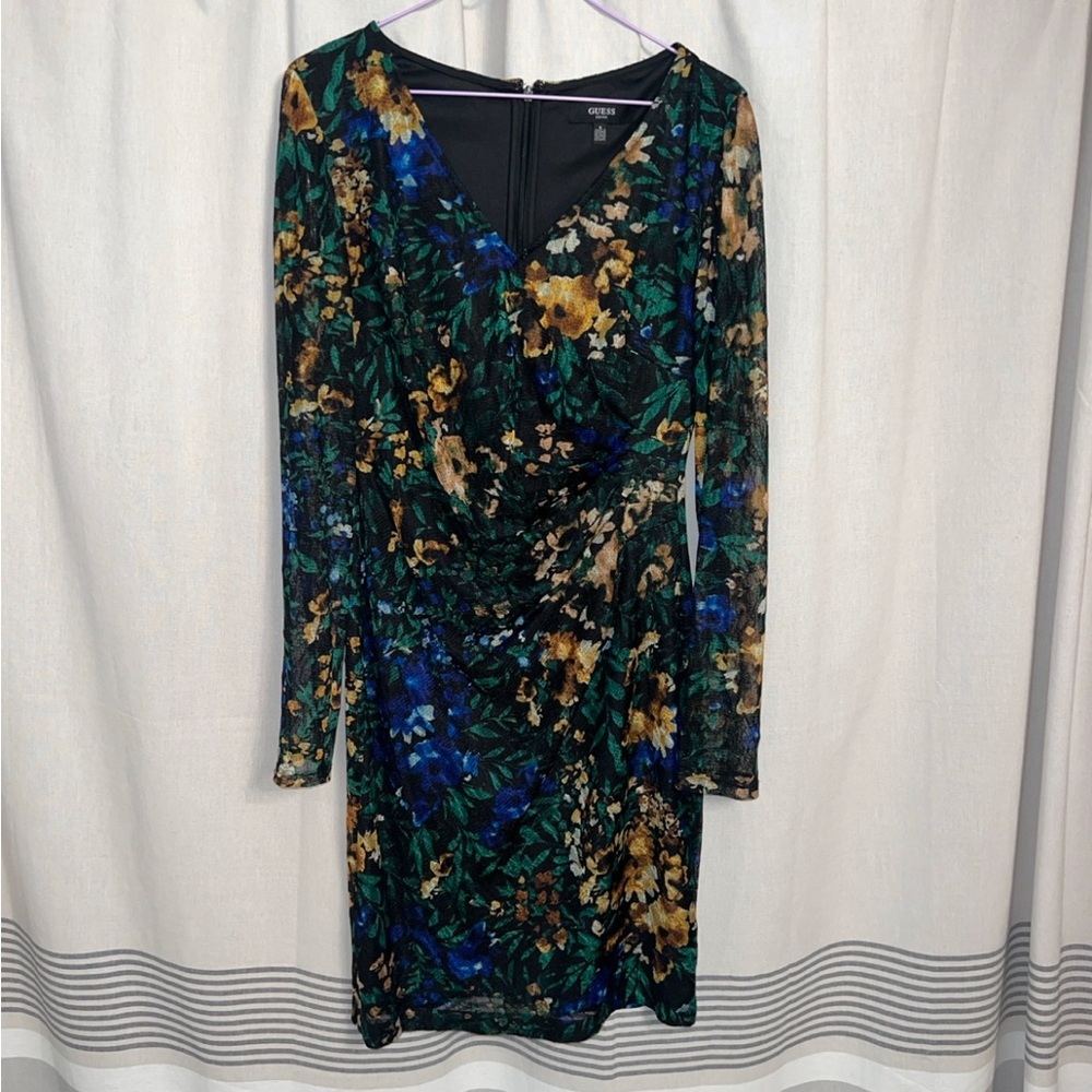 GUESS Long Sleeve Black & Multicolor Floral Ruched Bodycon Dress Size 8